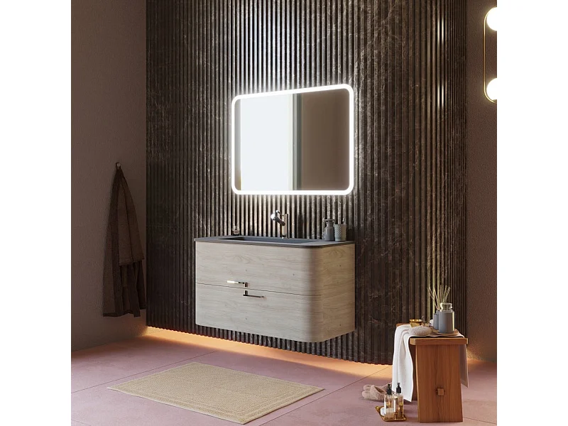 Armoire De Toilette Murale 100 Cm Chêne Arctique Noir Résine Lavabo | Hollywood