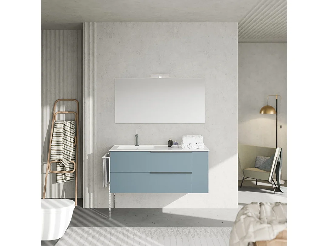 Meuble De Salle De Bain Avec Vasque En Céramique À Gauche, 120Cm, Bleu Clair | New York