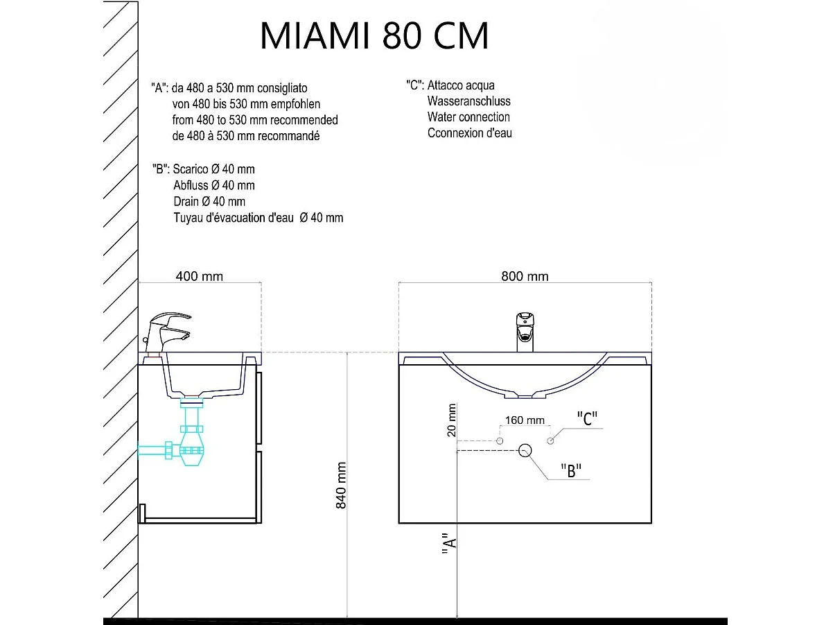 Meuble De Salle De Bains 80 Cm Suspendu Avec Tiroirs | Manhattan