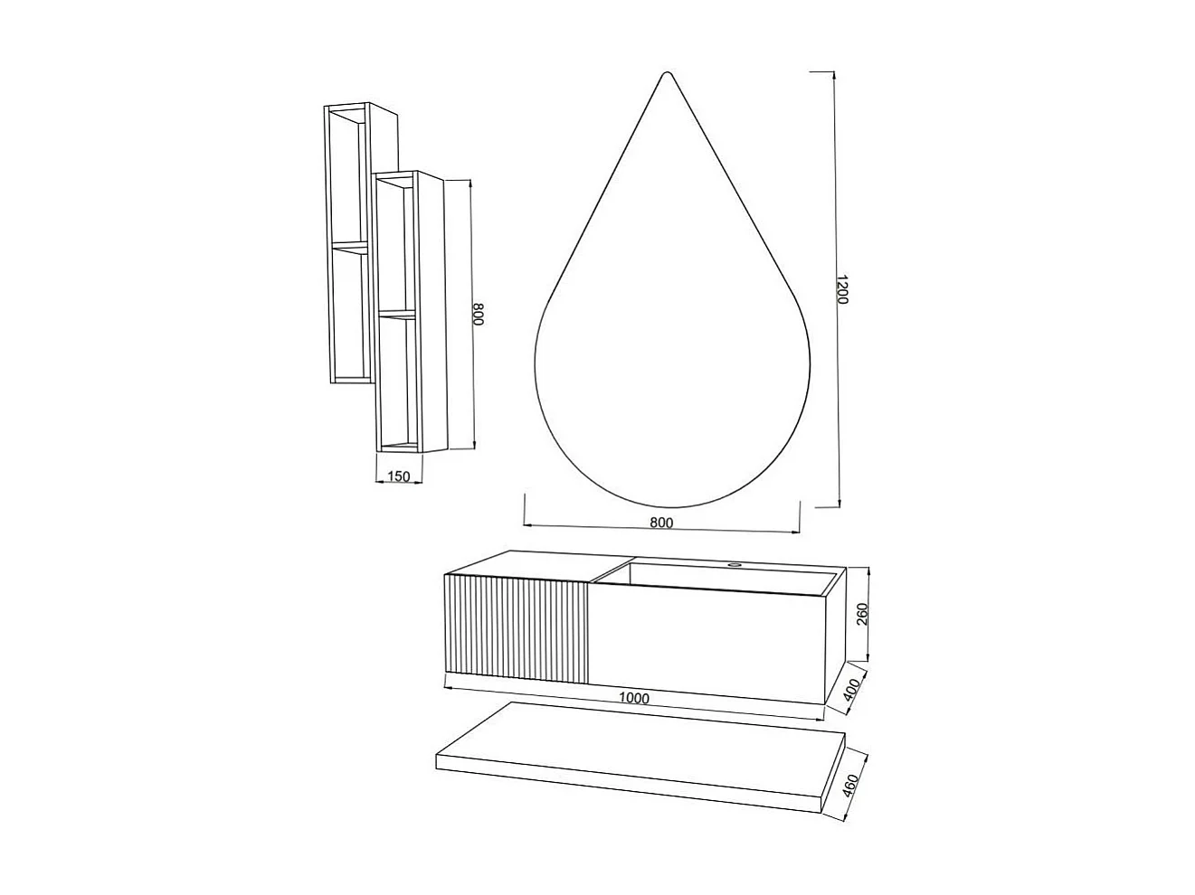 Composition De 100 Cm Avec 1 Tiroir Gris Perle Miroir Goutte | Rodi