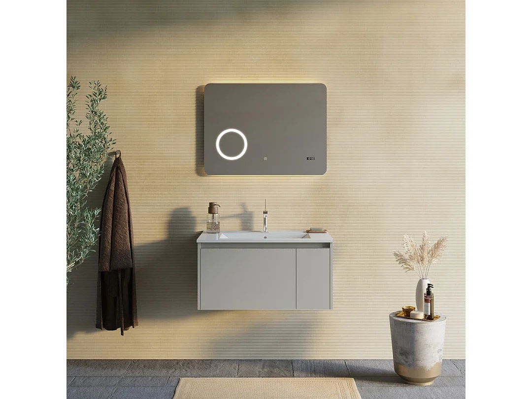 Armoire De Salle De Bain 80Cm Sable Mat Et Miroir À Led Avec Horloge | Monaco