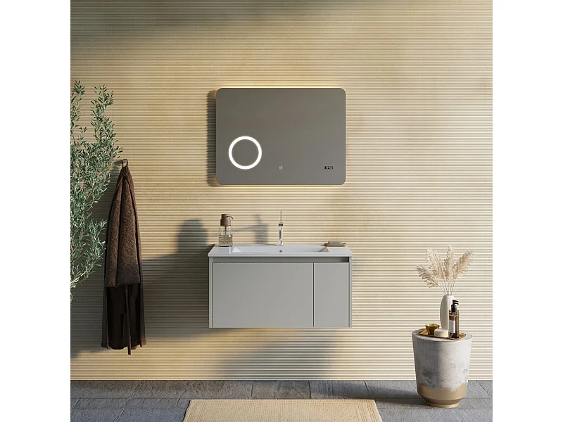 Armoire De Salle De Bain 80Cm Sable Mat Et Miroir À Led Avec Horloge | Monaco