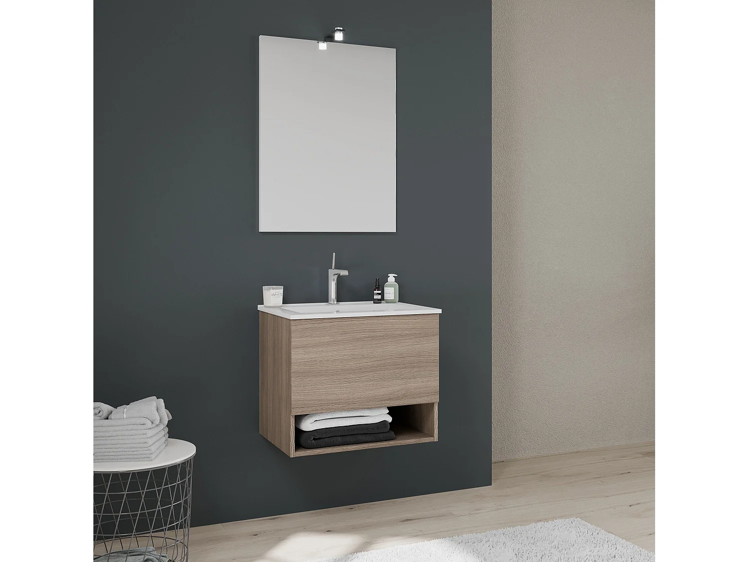 Meuble De Salle De Bain 60Cm Avec Tiroir Et Compartiment Ouvert Aspect Bois | Venezia
