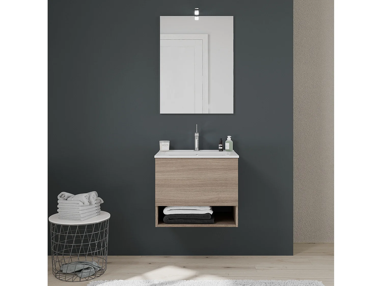 Meuble De Salle De Bain 60Cm Avec Tiroir Et Compartiment Ouvert Aspect Bois | Venezia