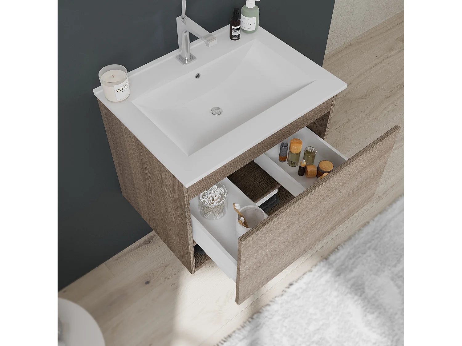 Meuble De Salle De Bain 60Cm Avec Tiroir Et Compartiment Ouvert Aspect Bois | Venezia