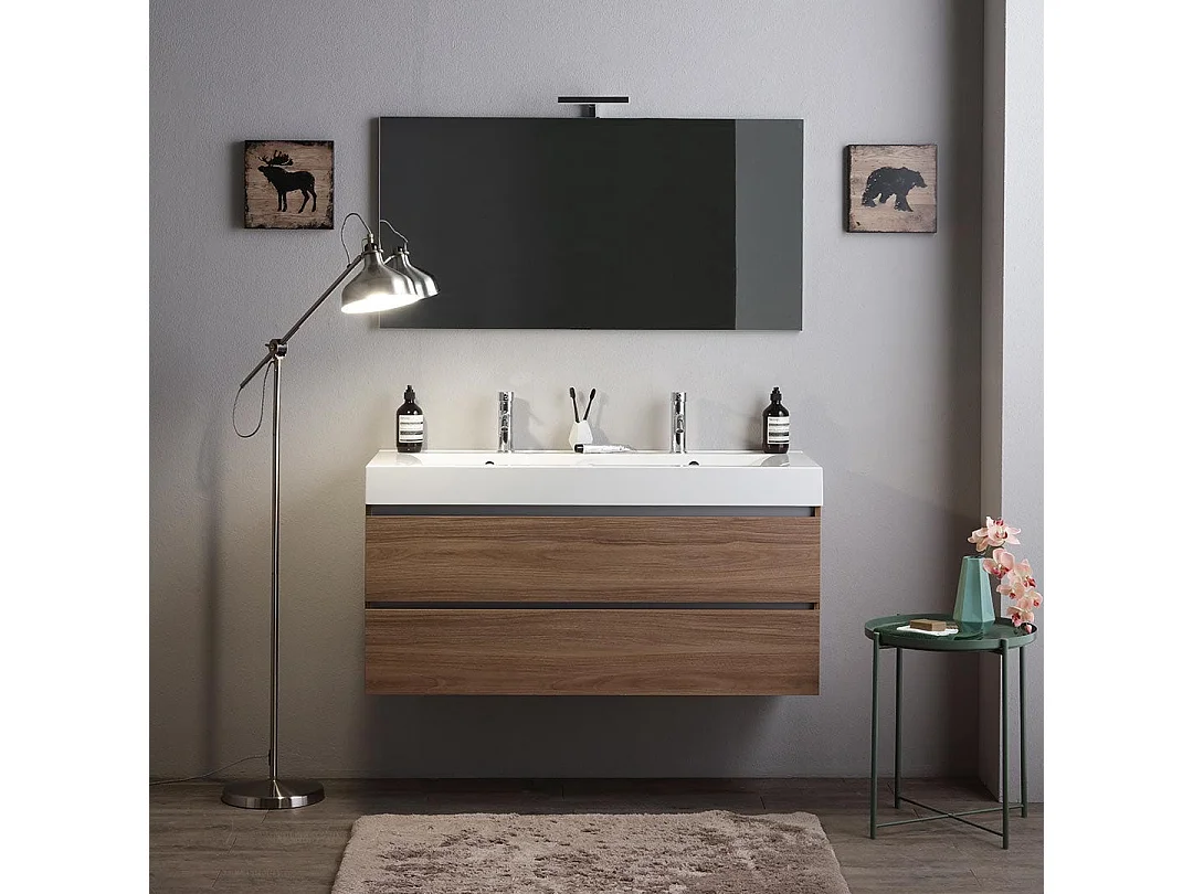 Meuble 120Cm Tiroirs Chêne Naturel, Double Lavabo Et Miroir 120X60 | Valentina