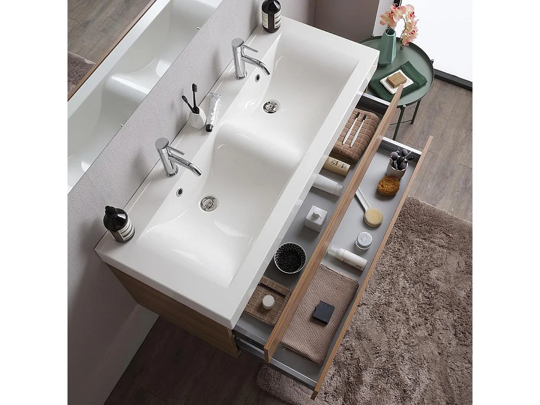 Meuble 120Cm Tiroirs Chêne Naturel, Double Lavabo Et Miroir 120X60 | Valentina