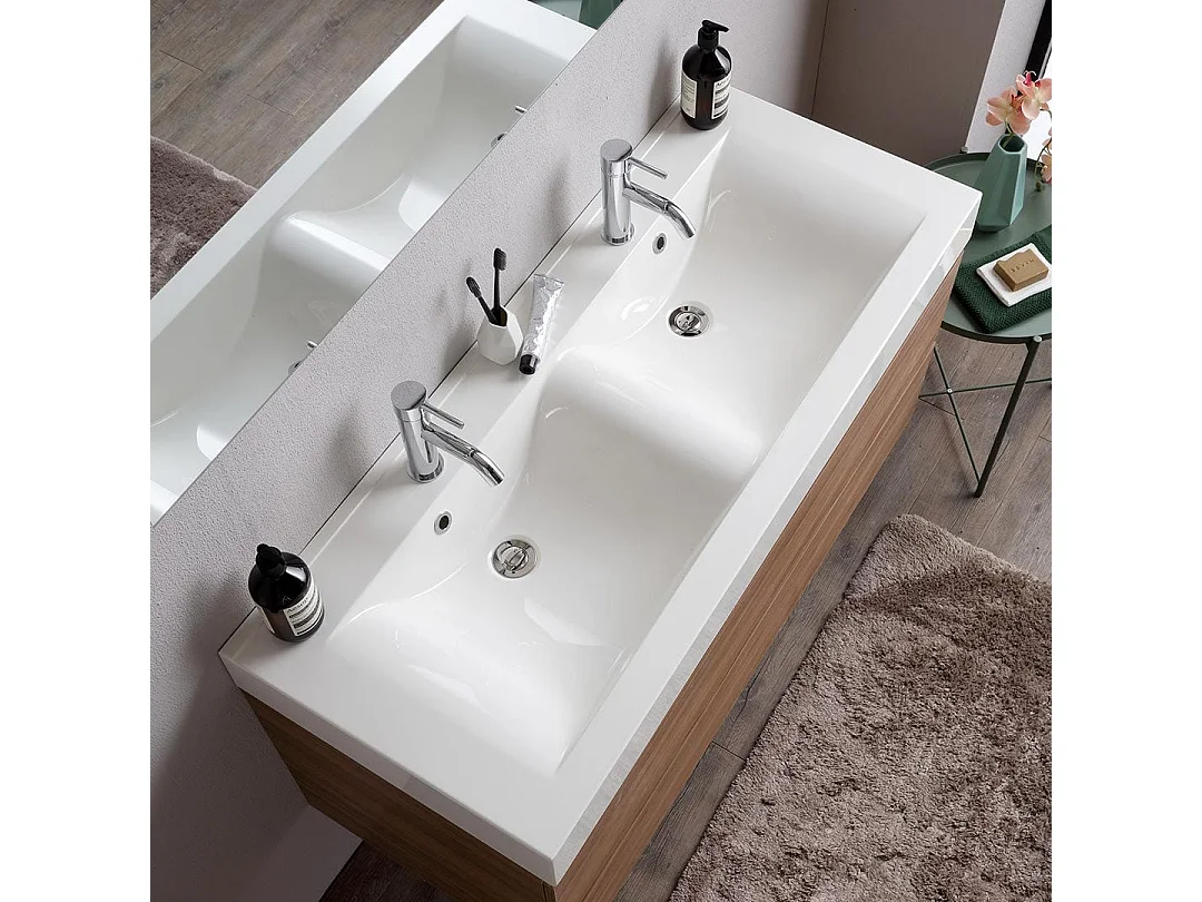 Meuble 120Cm Tiroirs Chêne Naturel, Double Lavabo Et Miroir 120X60 | Valentina