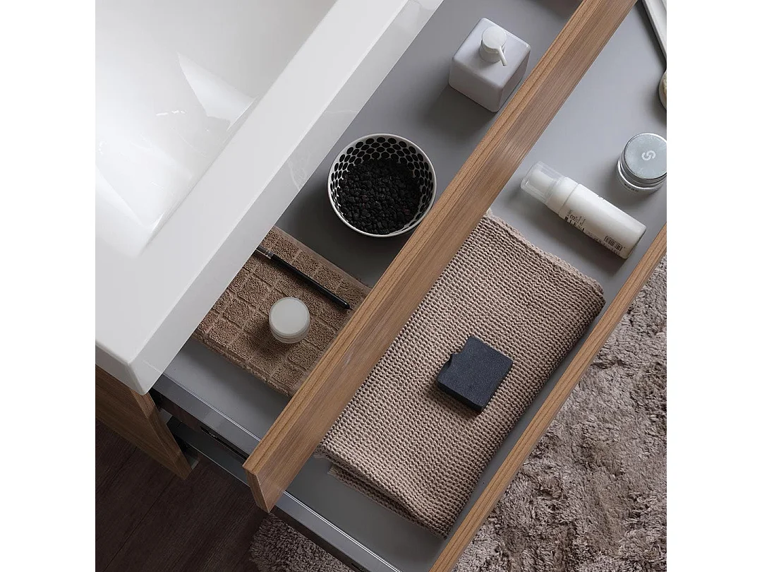 Meuble 120Cm Tiroirs Chêne Naturel, Double Lavabo Et Miroir 120X60 | Valentina