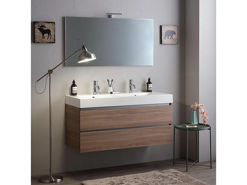 Meuble 120Cm Tiroirs Chêne Naturel, Double Lavabo Et Miroir 120X60 | Valentina