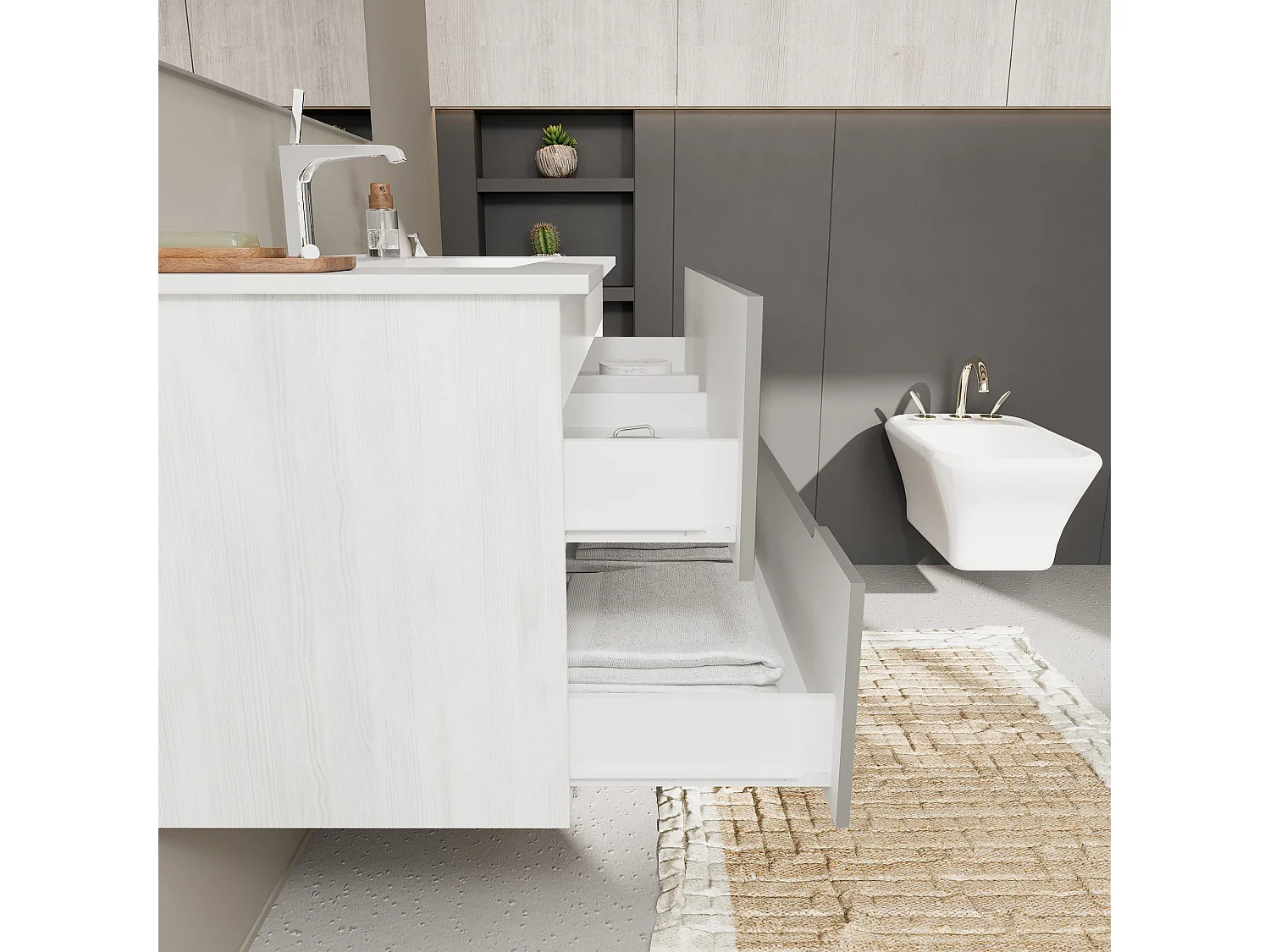 Meuble De Salle De Bain Tiroirs Gris Mat, Côtés En Chêne Blanc 100Cm | Magnolia