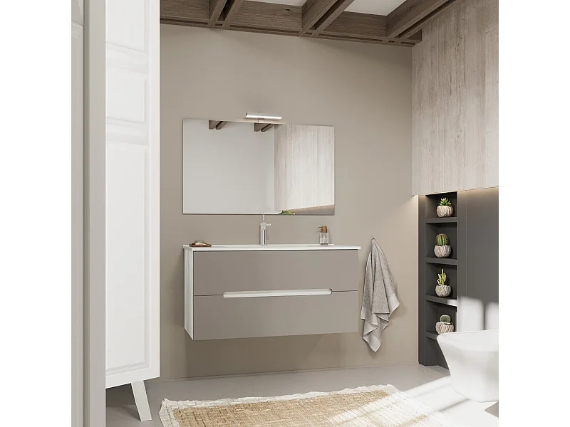 Meuble De Salle De Bain Tiroirs Gris Mat, Côtés En Chêne Blanc 100Cm | Magnolia