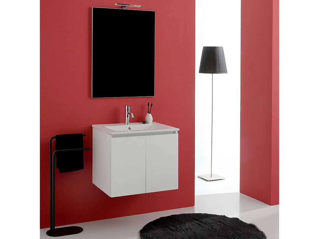 Meuble De Salle De Bains Suspendu 60Cm 2 Portes Blanc, Lavabo Et Miroir 60X80 | Bilbao
