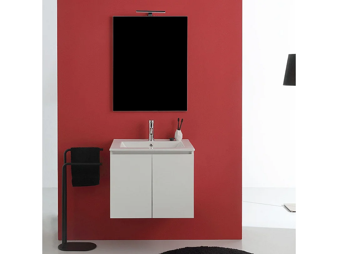 Meuble De Salle De Bains Suspendu 60Cm 2 Portes Blanc, Lavabo Et Miroir 60X80 | Bilbao