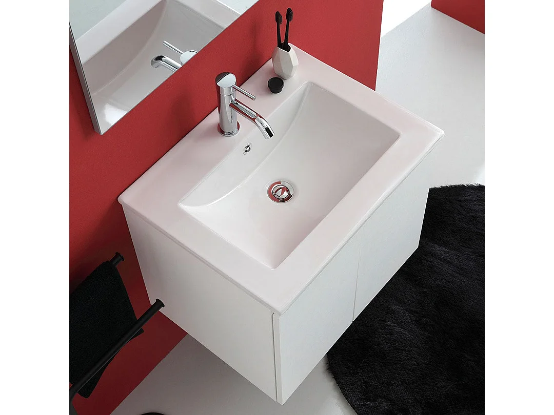Meuble De Salle De Bains Suspendu 60Cm 2 Portes Blanc, Lavabo Et Miroir 60X80 | Bilbao