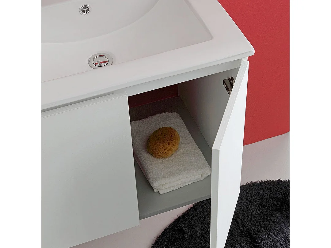 Meuble De Salle De Bains Suspendu 60Cm 2 Portes Blanc, Lavabo Et Miroir 60X80 | Bilbao