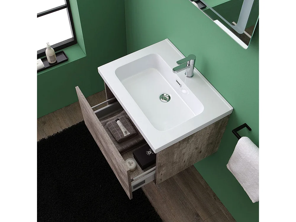 Meuble De Salle De Bain Avec Tiroir En Finition Ciment 60Cm Miroir Avec Led | Madrid