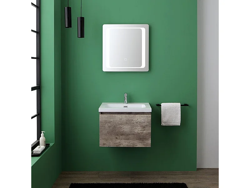 Meuble De Salle De Bain Avec Tiroir En Finition Ciment 60Cm Miroir Avec Led | Madrid