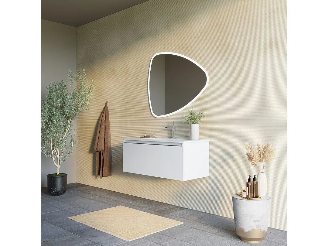 Meuble De Salle De Bains Blanc Mat 100 Cm, Lavabo Et Miroir À Poser| Monaco