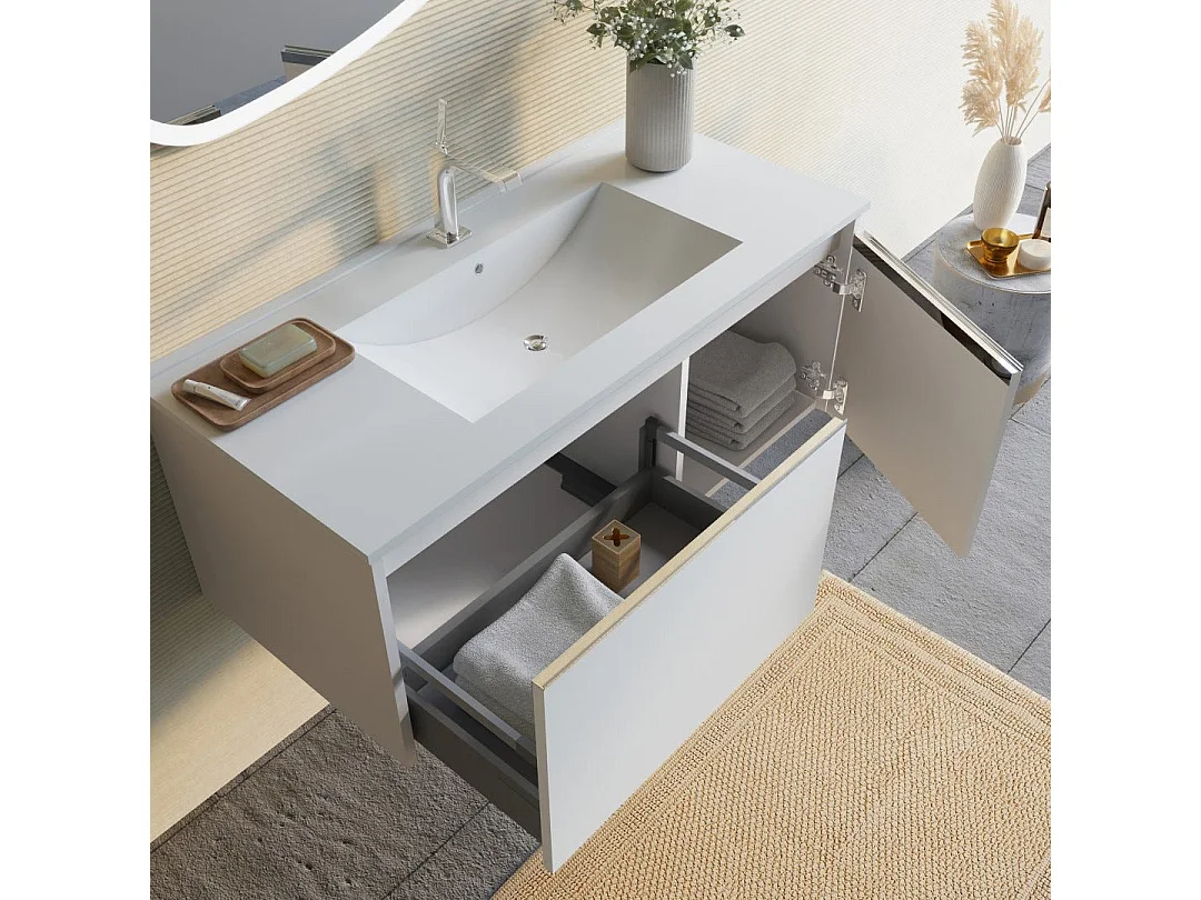 Meuble De Salle De Bains Blanc Mat 100 Cm, Lavabo Et Miroir À Poser| Monaco