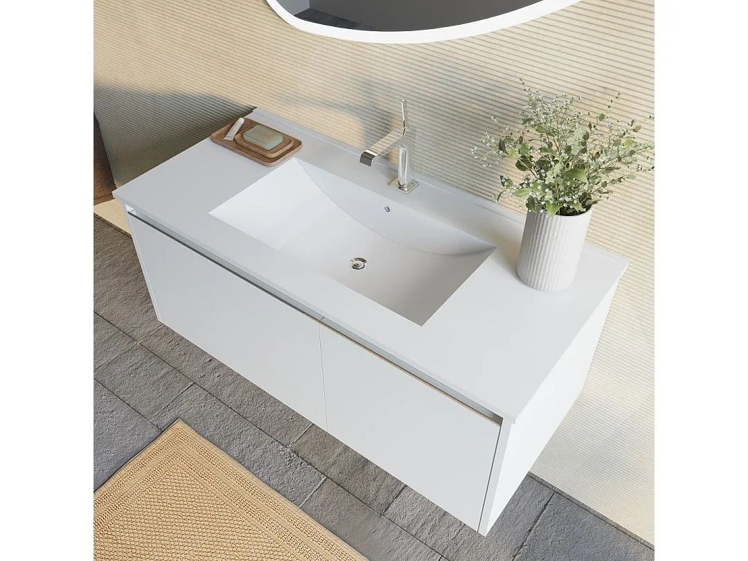 Meuble De Salle De Bains Blanc Mat 100 Cm, Lavabo Et Miroir À Poser| Monaco