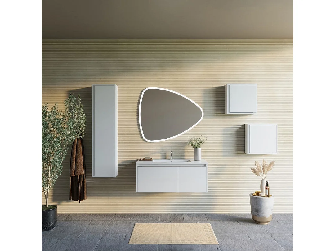 Meuble De Salle De Bains Blanc Mat 100 Cm, Lavabo Et Miroir À Poser| Monaco