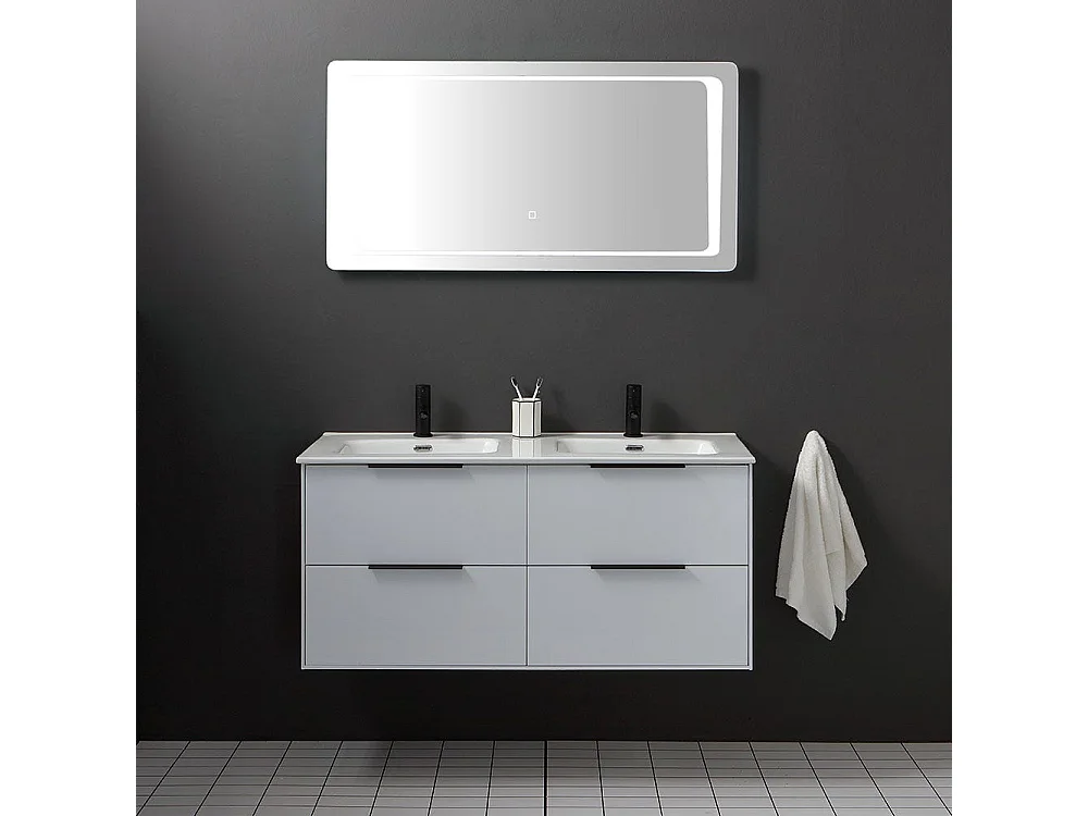Meuble De Salle De Bain Suspendu 120Cm Blanc Et Miroir Avec Led Retro-Éclairé | Parigi