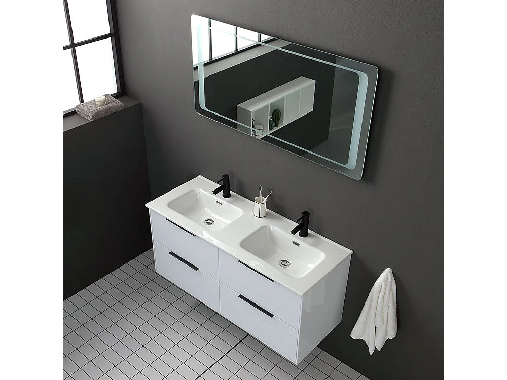 Meuble De Salle De Bain Suspendu 120Cm Blanc Et Miroir Avec Led Retro-Éclairé | Parigi