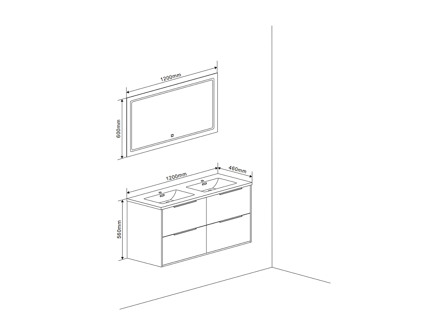 Meuble De Salle De Bain Suspendu 120Cm Blanc Et Miroir Avec Led Retro-Éclairé | Parigi