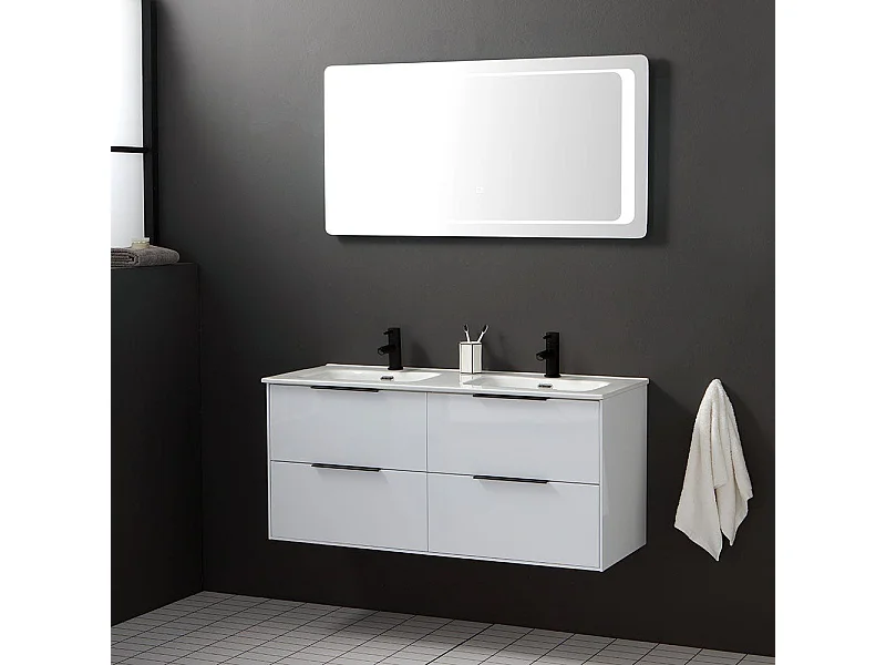 Meuble De Salle De Bain Suspendu 120Cm Blanc Et Miroir Avec Led Retro-Éclairé | Parigi