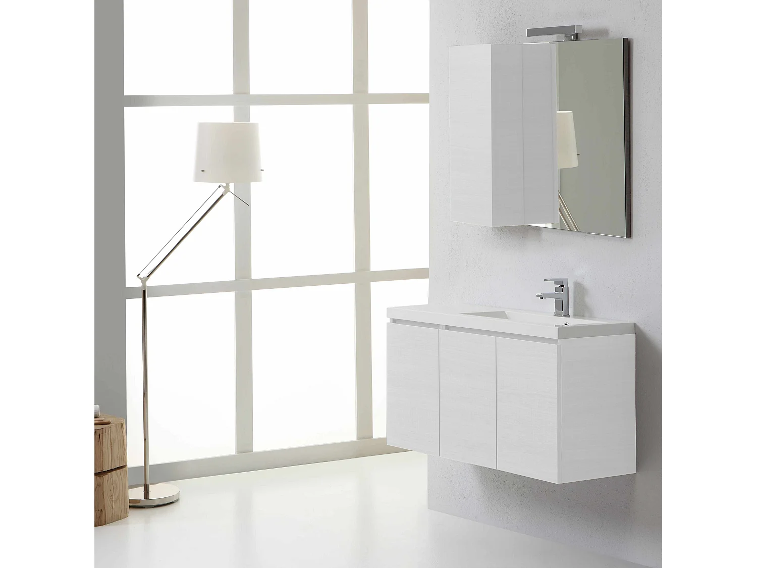 Meuble De Salle De Bains De 90 Cm Droite Avec Portes,Miroir Et Armoire Murale Blanc | Manhattan