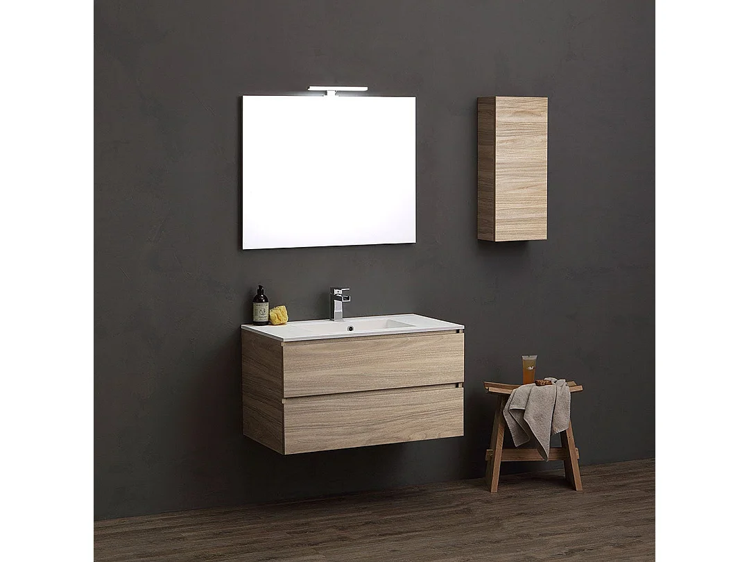 Meuble De Salle De Bain Suspendu 90Cm Avec Meuble Suspendu En Chêne Naturel | Valentina