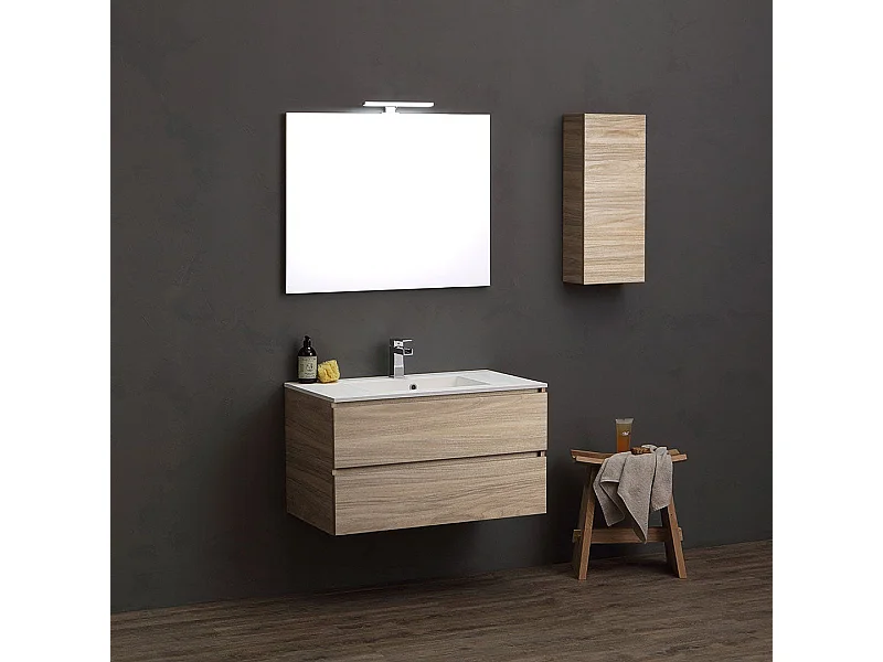 Meuble De Salle De Bain Suspendu 90Cm Avec Meuble Suspendu En Chêne Naturel | Valentina