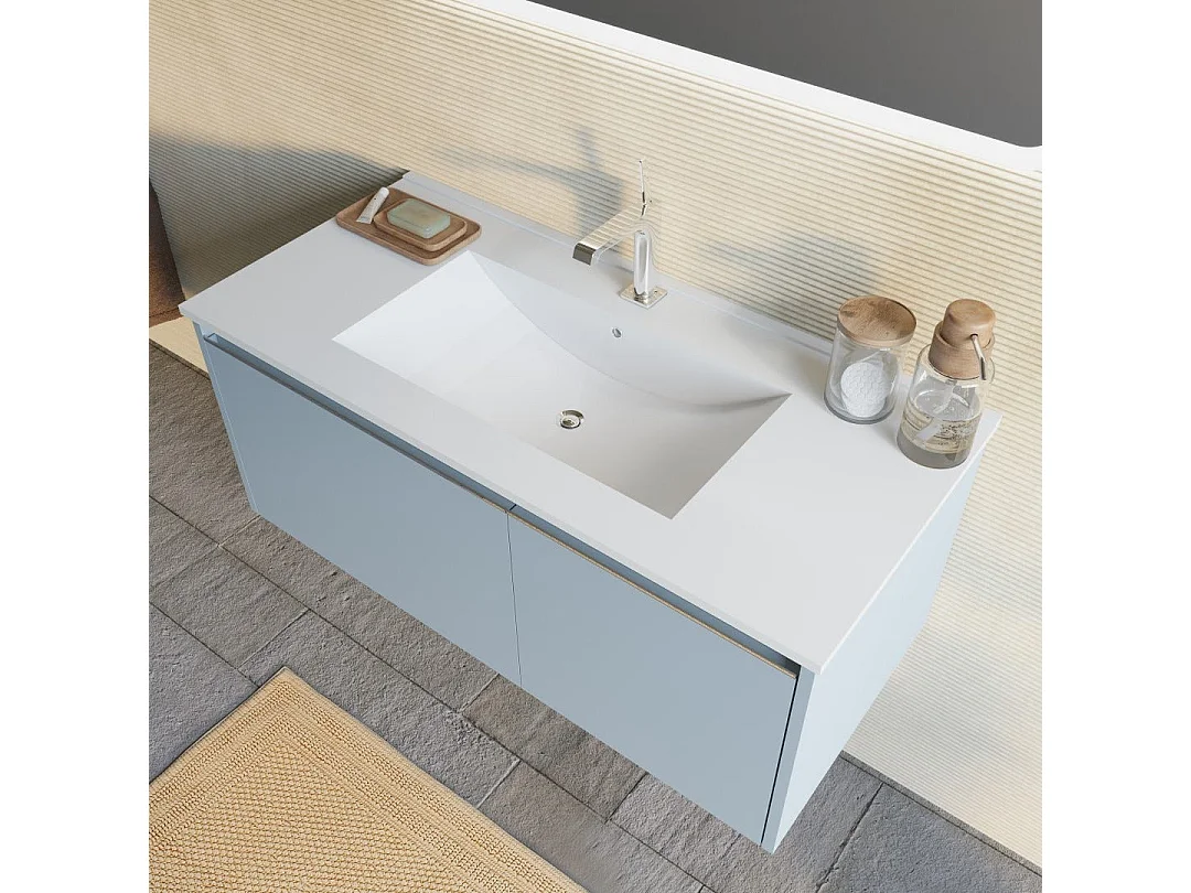 Meuble De Salle De Bain Bleu Mat De 100 Cm, Lavabo En Céramique, Miroir | Monaco