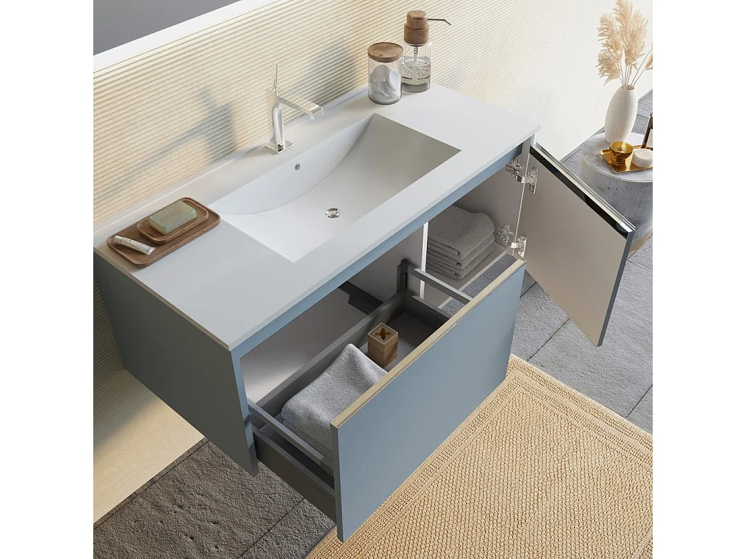 Meuble De Salle De Bain Bleu Mat De 100 Cm, Lavabo En Céramique, Miroir | Monaco