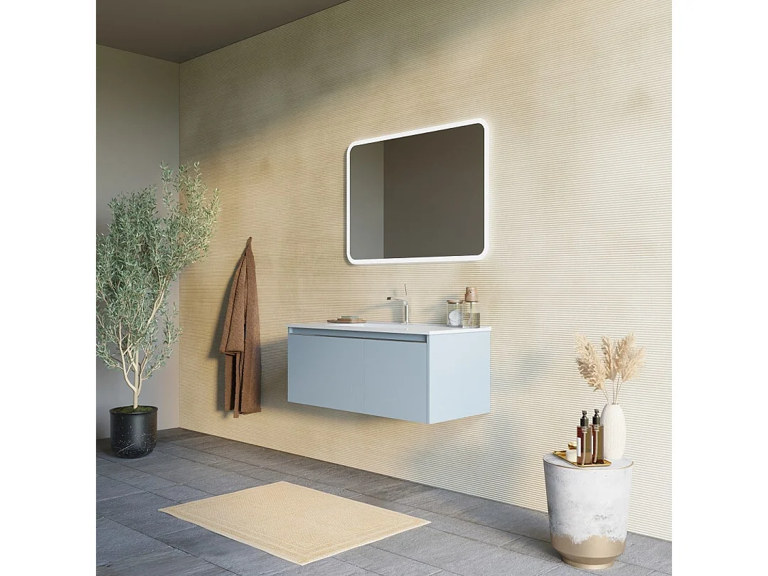 Meuble De Salle De Bain Bleu Mat De 100 Cm, Lavabo En Céramique, Miroir | Monaco