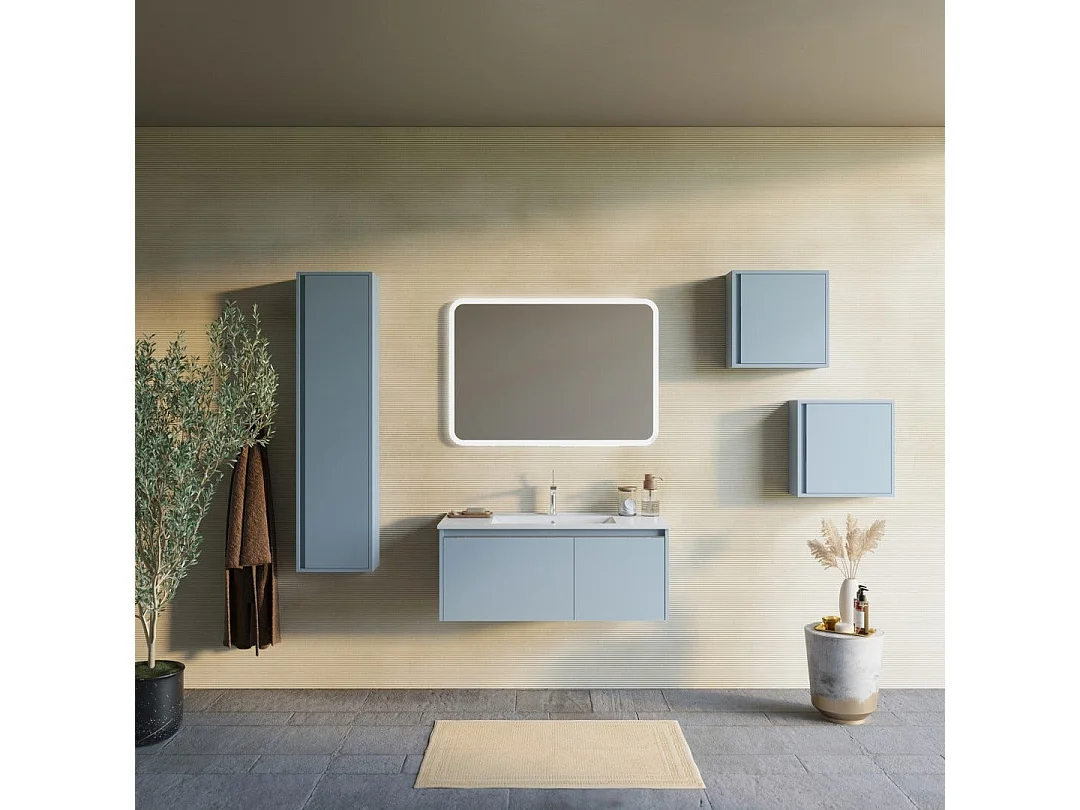 Meuble De Salle De Bain Bleu Mat De 100 Cm, Lavabo En Céramique, Miroir | Monaco