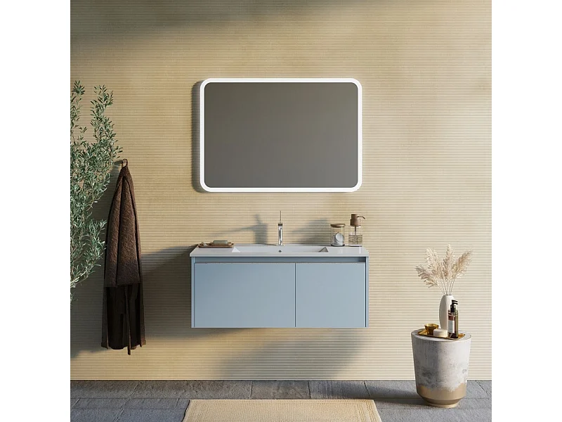 Meuble De Salle De Bain Bleu Mat De 100 Cm, Lavabo En Céramique, Miroir | Monaco