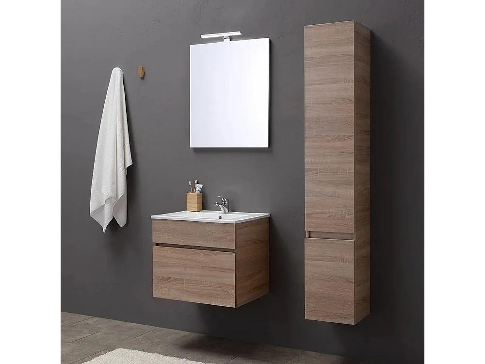 Meuble De Salle De Bains De 60 Cm Avec Tiroir, Miroir Et Lavabo En Chêne | Sole