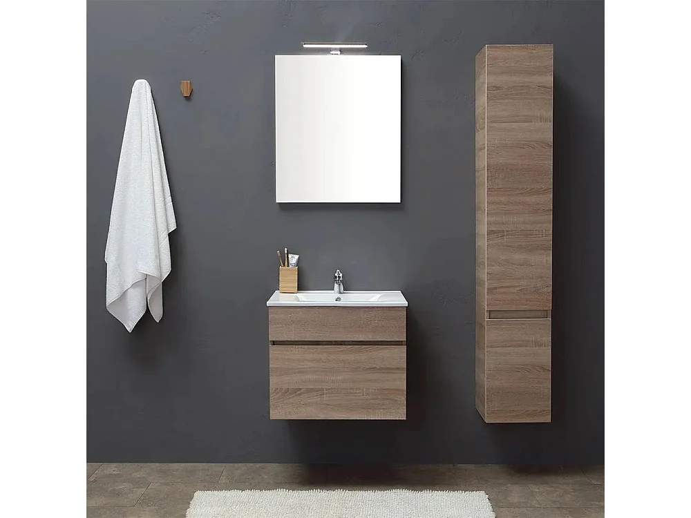 Meuble De Salle De Bains De 60 Cm Avec Tiroir, Miroir Et Lavabo En Chêne | Sole