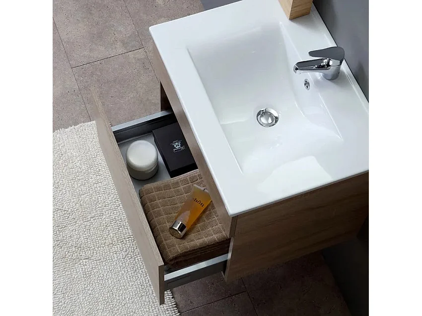 Meuble De Salle De Bains De 60 Cm Avec Tiroir, Miroir Et Lavabo En Chêne | Sole
