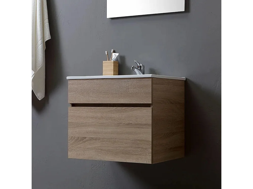 Meuble De Salle De Bains De 60 Cm Avec Tiroir, Miroir Et Lavabo En Chêne | Sole