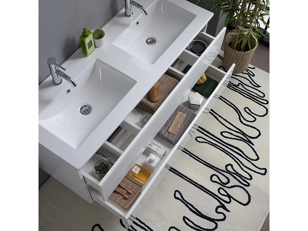 Meuble De Salle De Bain Blanc Brillant 120Cm, Tiroirs Et Double Lavabo | Benaco