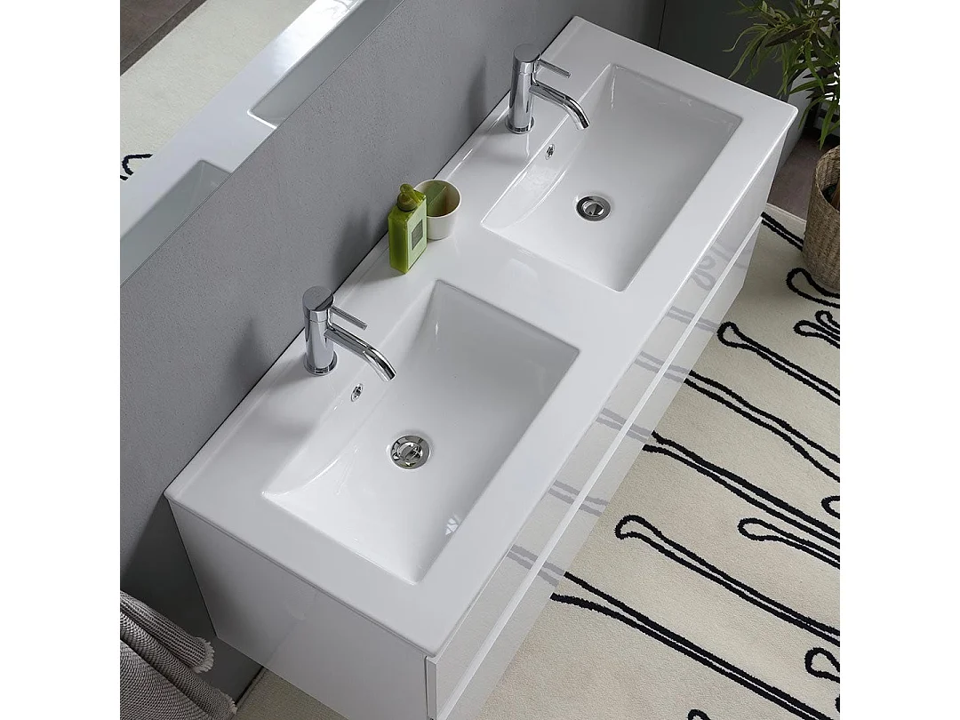 Meuble De Salle De Bain Blanc Brillant 120Cm, Tiroirs Et Double Lavabo | Benaco