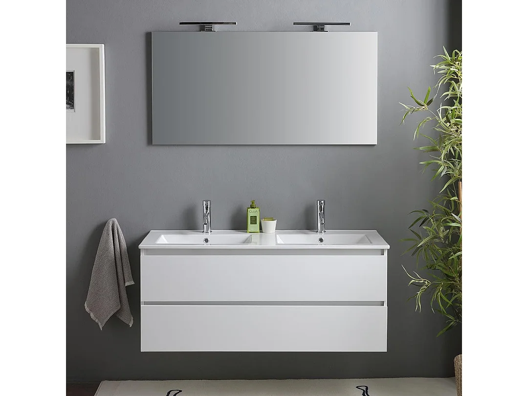 Meuble De Salle De Bain Blanc Brillant 120Cm, Tiroirs Et Double Lavabo | Benaco