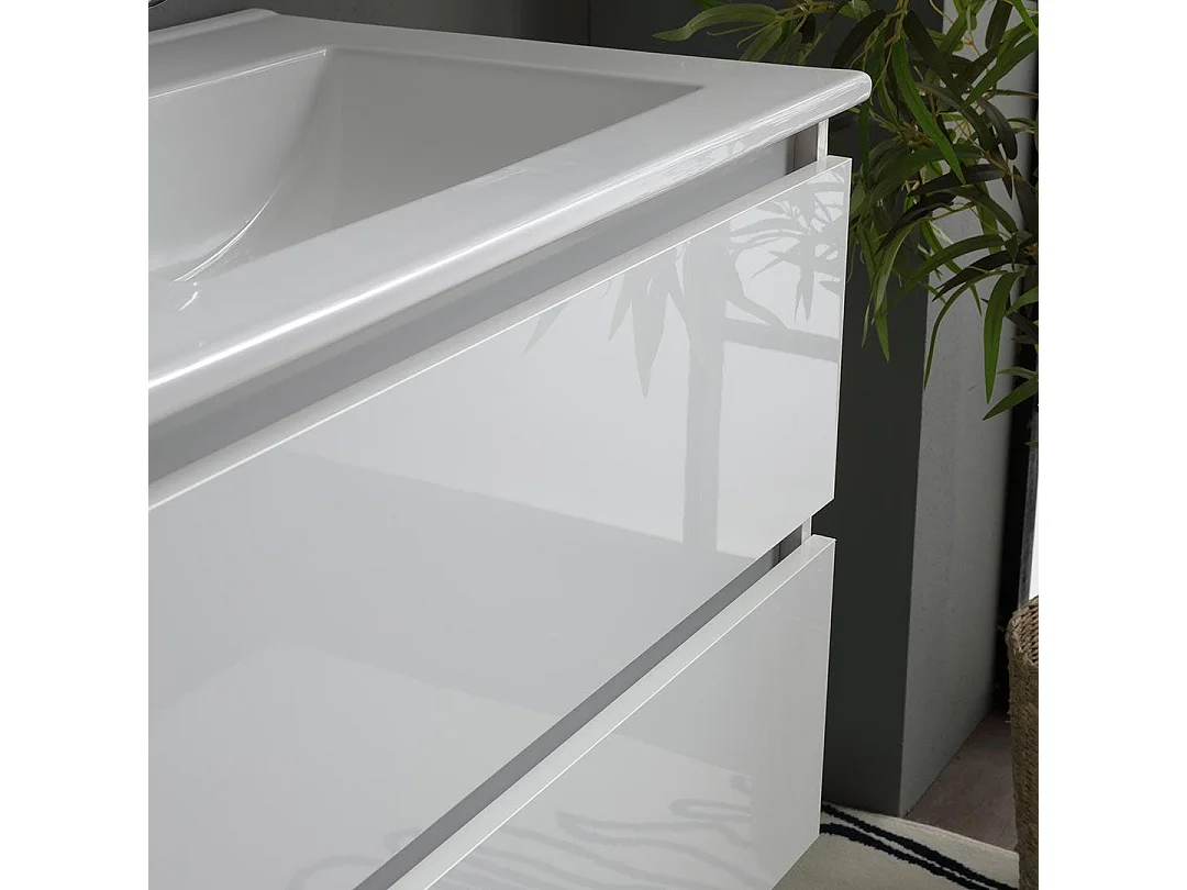 Meuble De Salle De Bain Blanc Brillant 120Cm, Tiroirs Et Double Lavabo | Benaco