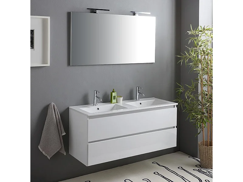 Meuble De Salle De Bain Blanc Brillant 120Cm, Tiroirs Et Double Lavabo | Benaco