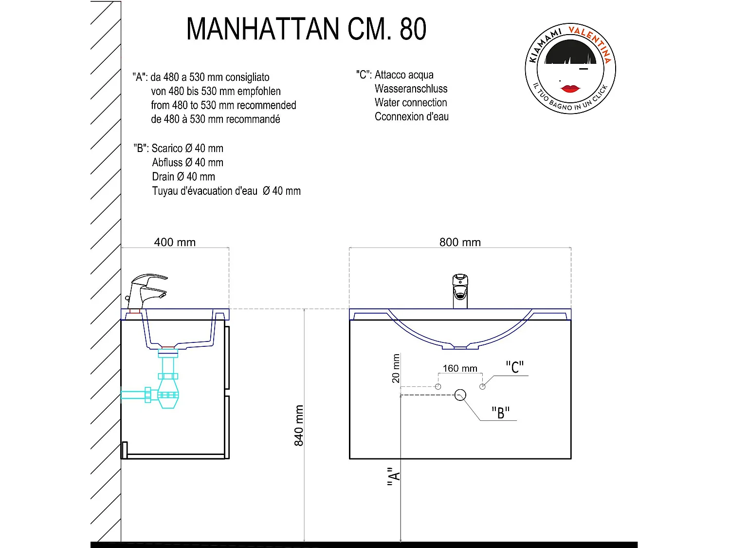 Meuble Suspendu Salle De Bains 80 Cm Gris Avec Lavabo | Manhattan