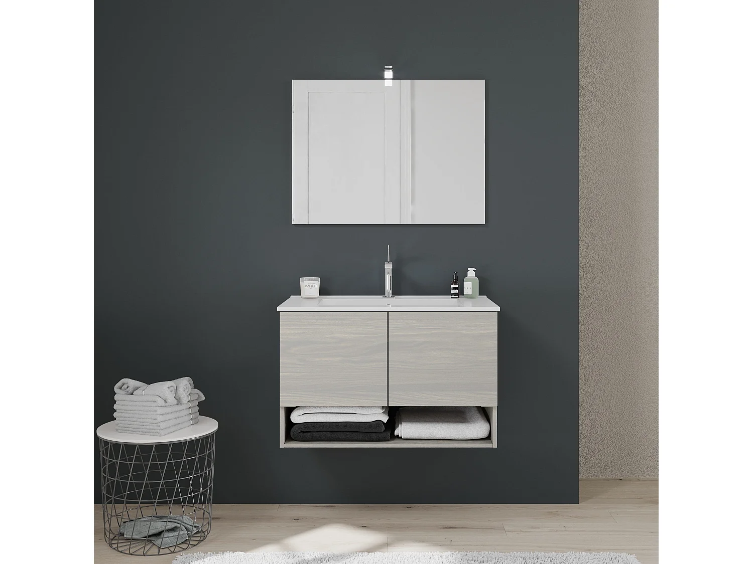 Meuble De Salle De Bain Suspendu 80Cm Avec Portes Et Compartiment Ouvert En Chêne Gris | Venezia