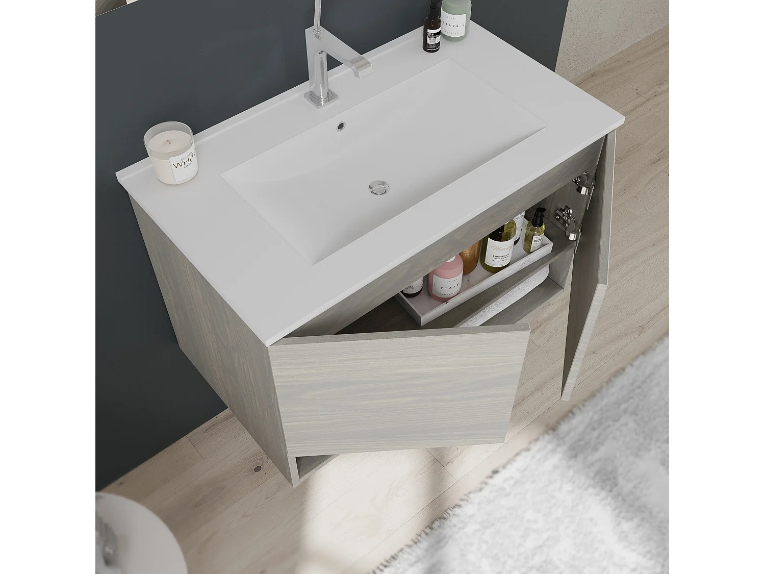 Meuble De Salle De Bain Suspendu 80Cm Avec Portes Et Compartiment Ouvert En Chêne Gris | Venezia